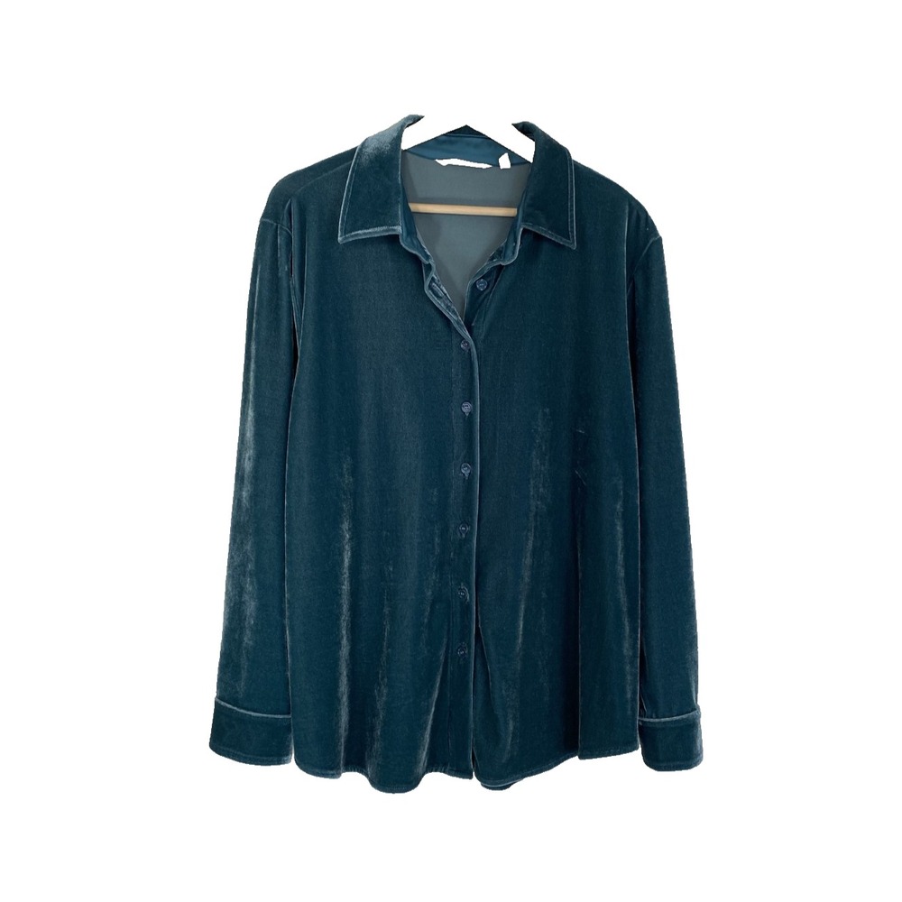 Soft Surroundings Teal Blue Velvet Button Down Shirt Petite PXL Soft Luxe S - Picture 2 of 8